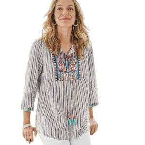 J. Jill Love Linen Embroidered Tassel Tie Stripe Top